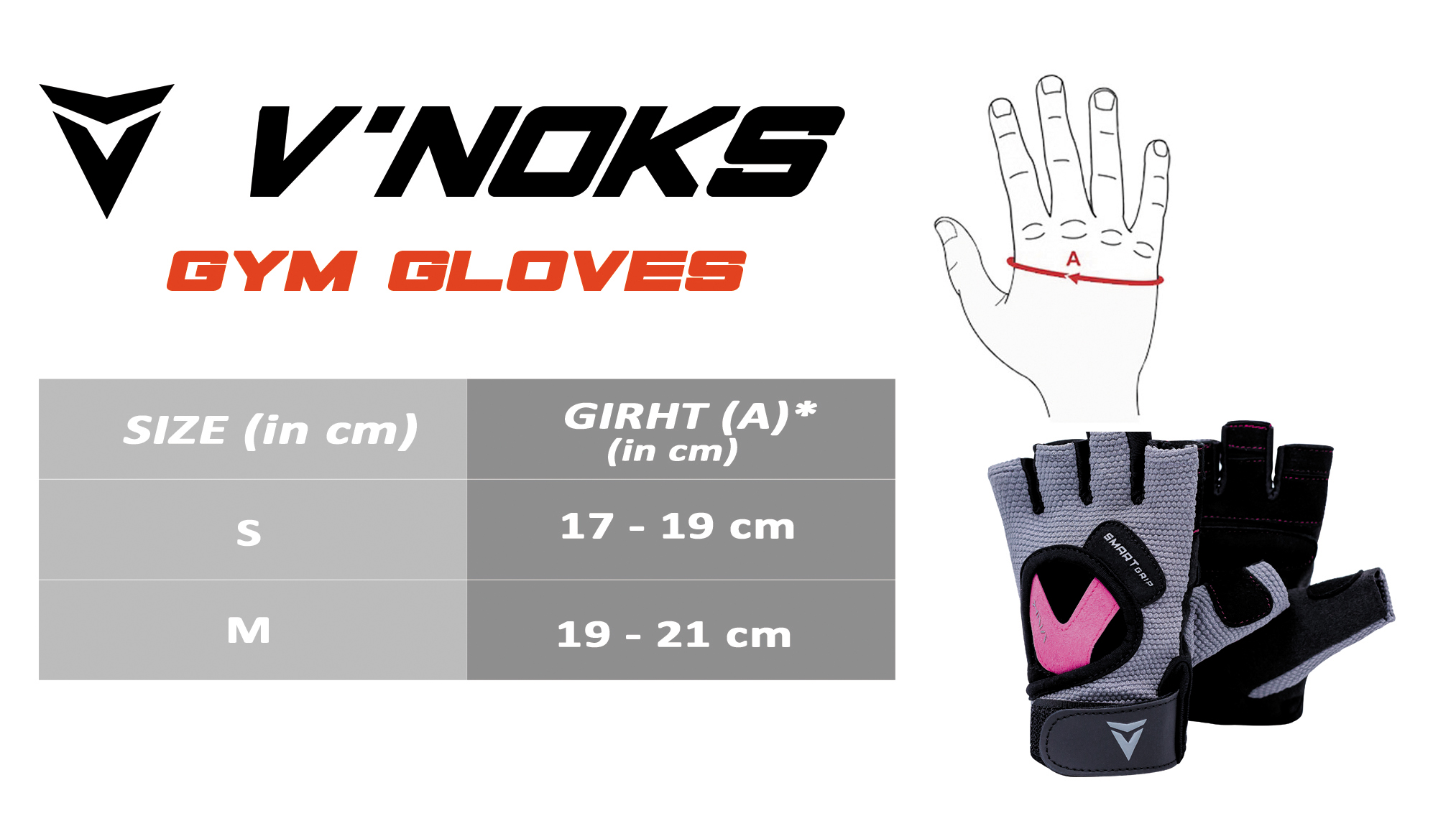 VNK Ladies PRO Gym Gloves size chart
